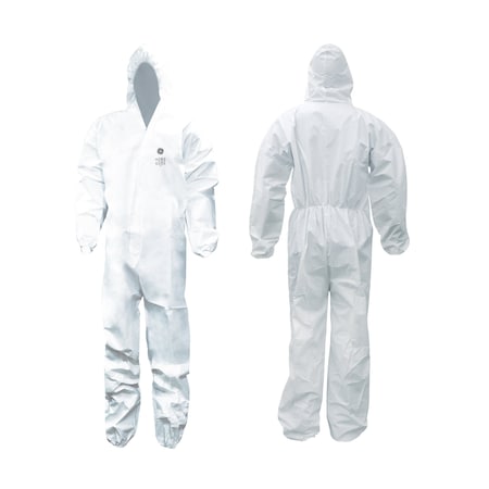 Ge Disposable Coverallss, Hooded, L, Microporous Material, Elastic Wrist, Boots Ankle, White GW904L
